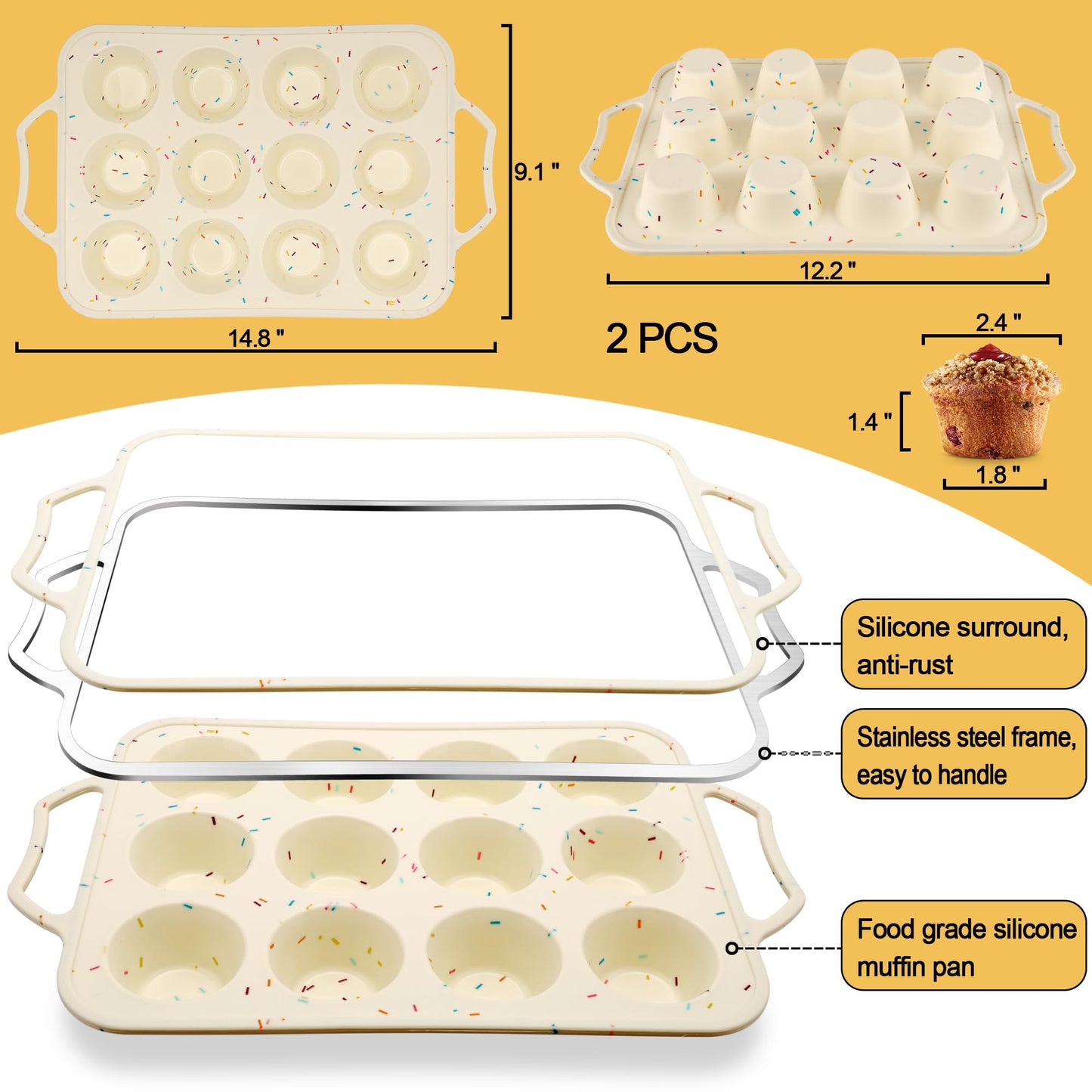 2 Pack Silicone Muffin Pans for Baking with Metal Reinforced Frame, Cupcake Pans Nonstick 12 Regular Size Cups, BPA Free Muffin Tin for Egg Bites Cake, Easy Pop Out & Dishwasher/Microwave/Freezer Safe