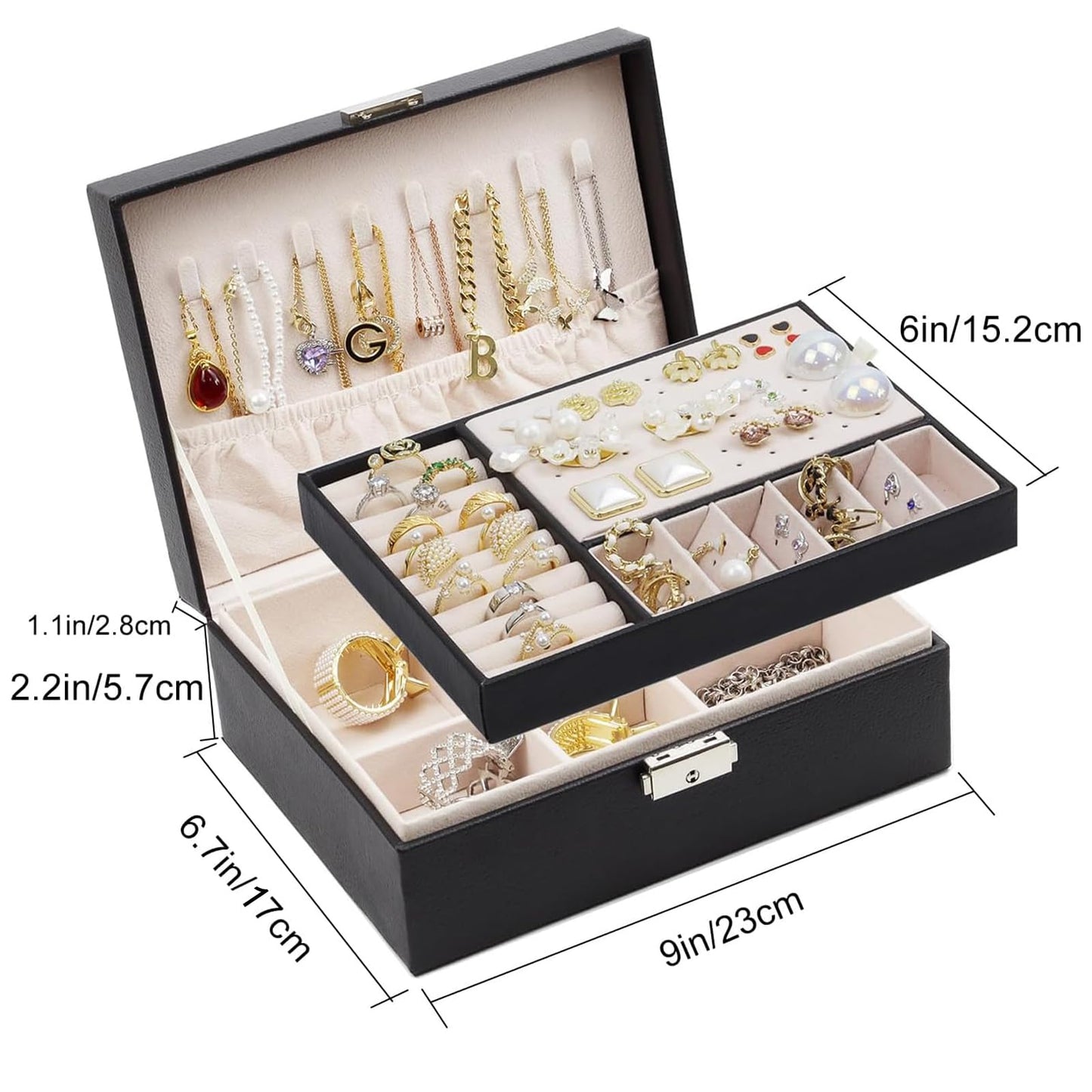 SYCARON Jewelry Organizer Box for Women and Girls, 2 Layer Jewelry Storage Case PU Leather Soft Lining with Lock for Rings Earrings Necklace Bracelets, Gift for Women, Black