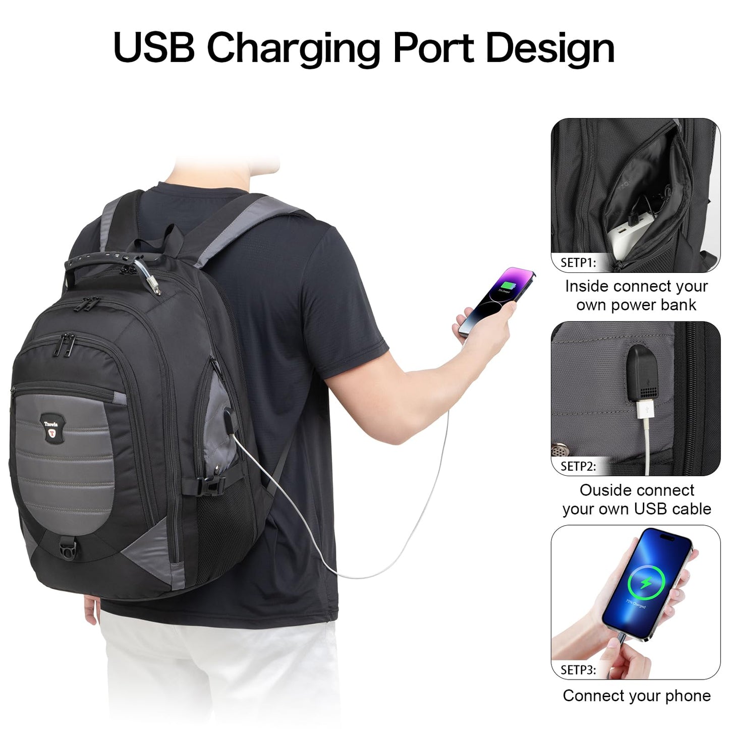 Tzowla Travel Laptop Backpack for Men Women,17.3"Computer Water Resistant Anti Theft TSA Friendly Backpacks with Lock and USB Charging Port,College Business Work Hiking Bookbag Daypack,Dark Grey