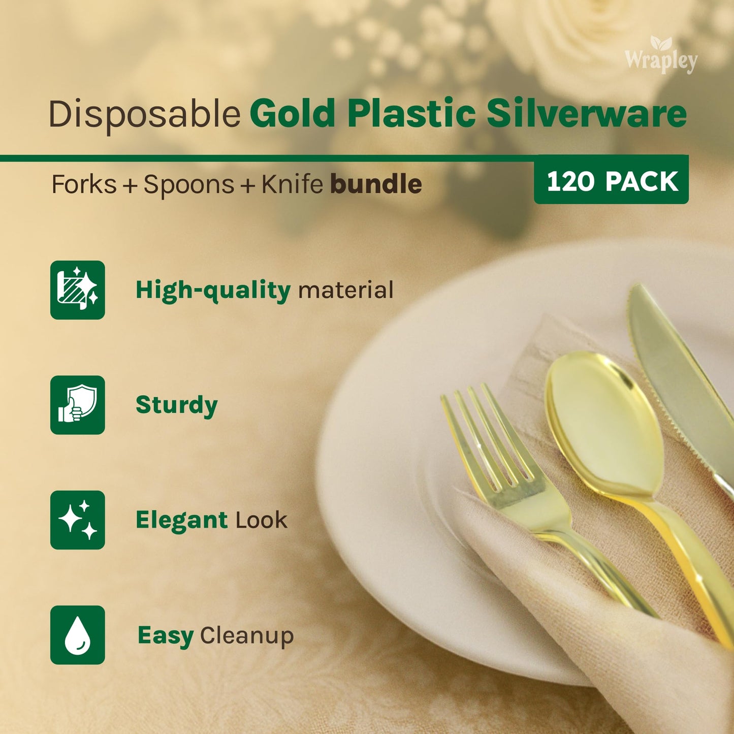 Disposable Gold Plastic Silverware Set – 120-Piece Disposable Plastic Cutlery Set with 40 Forks, 40 Spoons, and 40 Knives – Golden Cutlery Set for Parties, Weddings, and Events – 120 Units, 40 Each