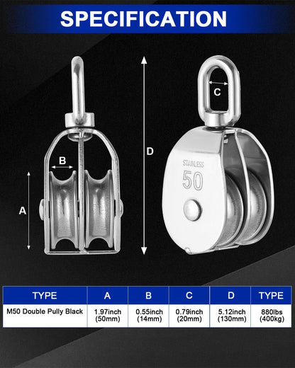 DASBET M50 Double Pulley Block Set - 304 Stainless Steel Pack of 2 | Heavy Duty Double Pulleys for Efficient Lifting | Ideal for Hanging Wire and Crane Operations with Swivel Hook Design