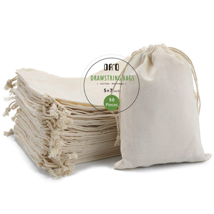Cotton Drawstring Bags, EcoFriendly Muslin Gift Pouches (5 by 7 Inch) for Party Favors, Unbleached Sachet Fabric Cloth (50 Pieces)