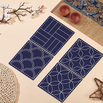 FREEBLOSS 4 Set Sashiko Coasters DIY Kit with Instructions Pre- Printed Sashiko Kit for Beginners Sashiko Practice Project Traditional Embroidery Kit Sashiko Printed Cloth Coaster for Housewarming