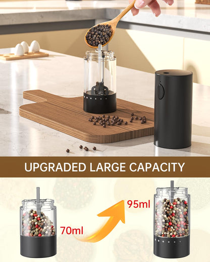 CIRCLE JOY Electric Black Pepper Grinder Rechargeable Pepper Mill Grinder with 6 Levels External Adjustable Coarseness, 95ml Large Capacity, White LED Light, USB Cable
