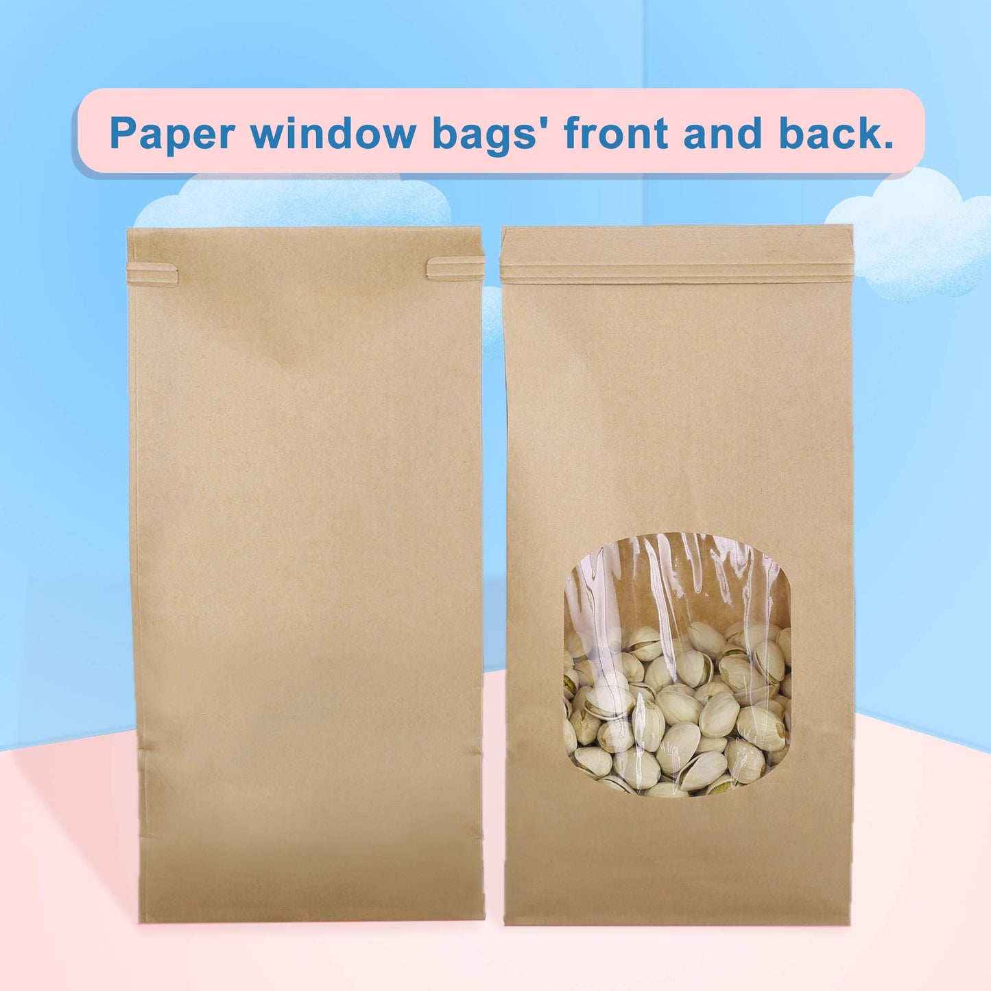 BagDream Cookie Bags 100Pcs 4.5x2.36x9.6 Inches Bakery Bag with Window Small Brown Kraft Paper Bags Tin Tie Tab Lock Treat Bag Recyclable for Coffee Bean Bread Muffin Popcorn Party Wedding Bags