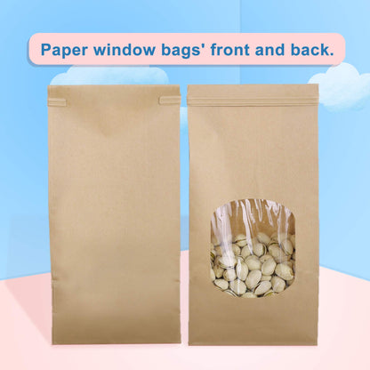 BagDream Cookie Bags 100Pcs 4.5x2.36x9.6 Inches Bakery Bag with Window Small Brown Kraft Paper Bags Tin Tie Tab Lock Treat Bag Recyclable for Coffee Bean Bread Muffin Popcorn Party Wedding Bags