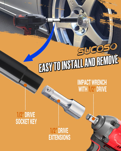 7 Spline Lug Nut Key, 1/2" Drive Impact Socket Fit for M14x1.5 M14x2.0 9/16-18 Aftermarket Lugnuts, Thin Walled Design Spline Socket for Easy Removal or Install Truck Nuts, CR-MO Steel