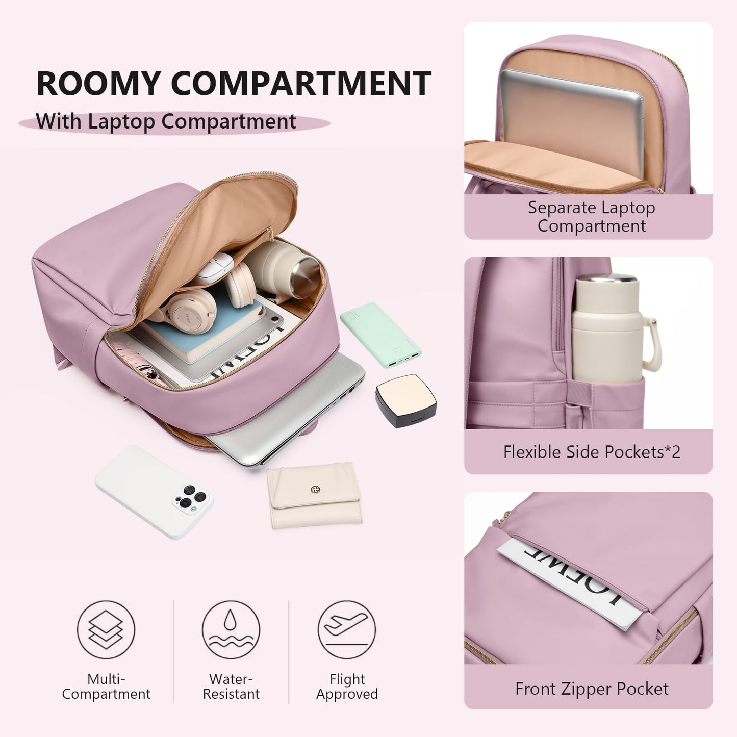 Women Laptop Backpack with Separate Laptop Compartment Fits 14 Inch Notebook Casual Daypack for Work Travel College Backpack Book Bags (Pinkish Purple)