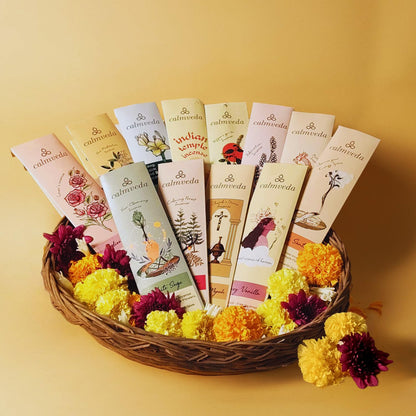 CALMVEDA Natural Incense Sticks Mega - Variety Pack (144 Insence-sticks Bulk, 12 Aromas) Clean No Charcoal Incense, Made from Upcycled Flowers | Organic Incense Sticks Non Toxic (Slow burn, Longlast)