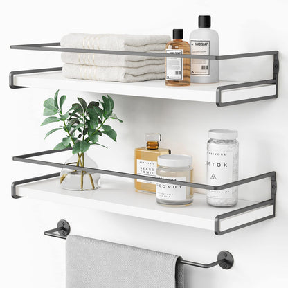 DNACHEW White Floating Shelves for Bathroom Organizer Over Toilet, Bathroom Shelves Wall Mounted with Towel Rack, Corner Wall Shelf for Bedroom Decor Kitchen Storage (White-Dark Grey, Set of 2)