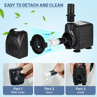 550GPH Submersible Water Pump(2000L/H),Ultra Quiet Water Pump with 6.6ft High Lift,Fountain Pump with 6.6ft Power Cord,3 Nozzles for Fish Tank or Pond/Rockery/Fountain/Hydroponic/Bird Bath
