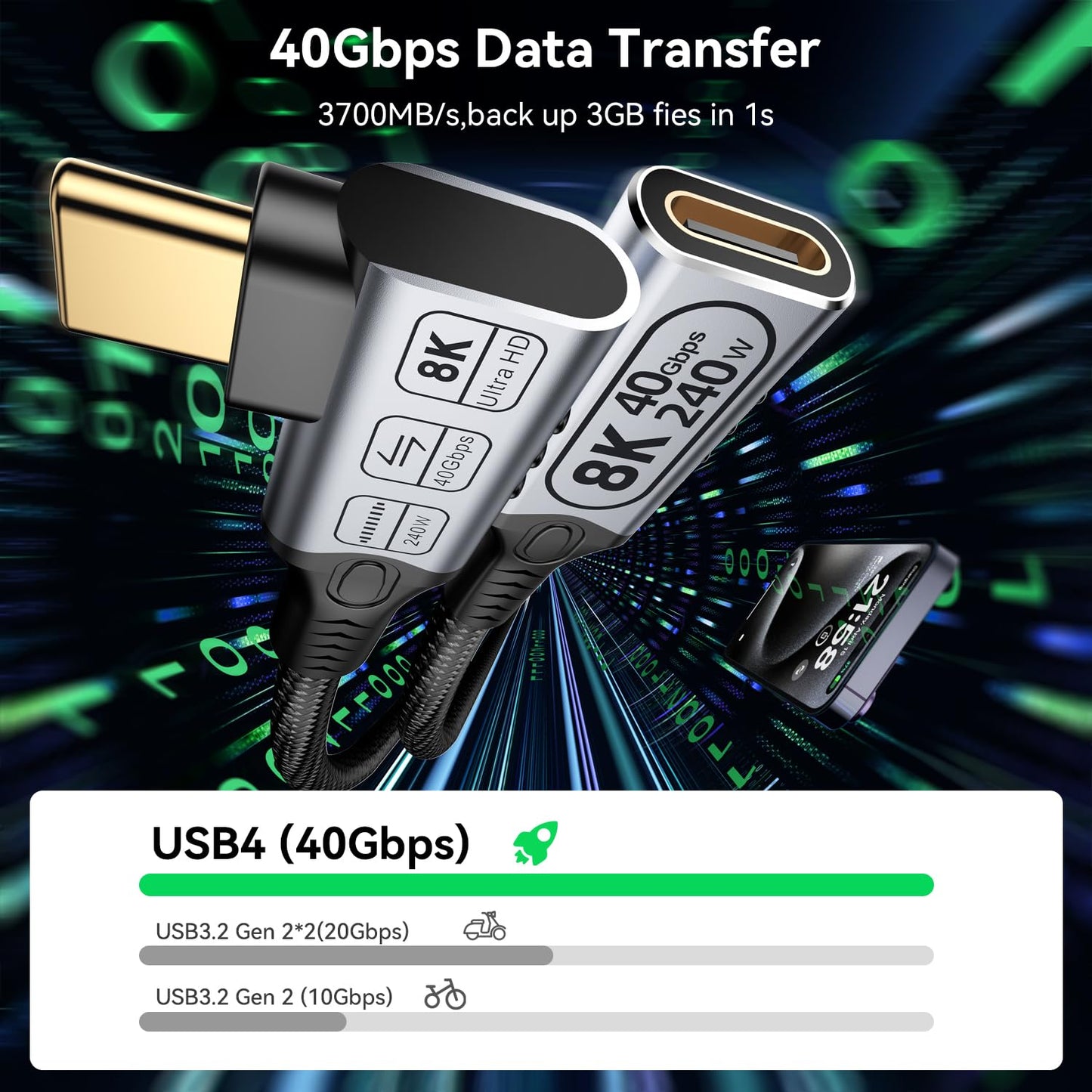 Short Right Angle USB c Extension 2FT/0.6M Compatible with Thunderbolt 4 Extension Cable high Speed 40Gbps Data Transfer,8k/4k Video,240w Fast Charging Male to Female usbc 90 Degree Extension Cable