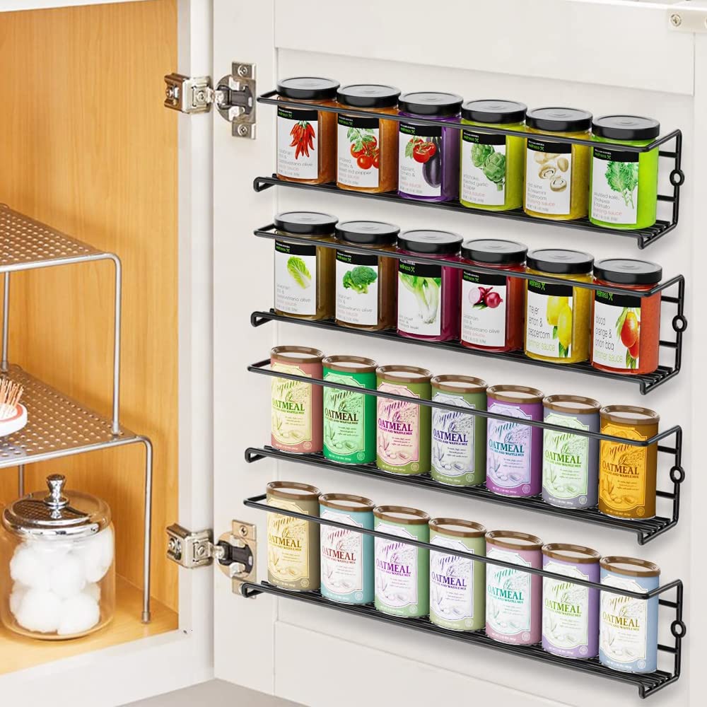 4 pack Spice Rack Organizer Wall Mounted Cabinet Metal Hanging Spice Rack for Spice Jars and Seasonings Easy to Install Your for kitchen Cupboard or Pantry Door