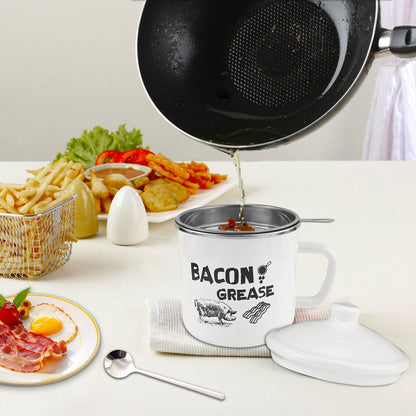 BokingOne Bacon Grease Container with Strainer, 1.5L/46oz Large Stainless Steel Cooking Oil Container with Lid & Spoon, White Enamel Bacon Grease Keeper for Bacon