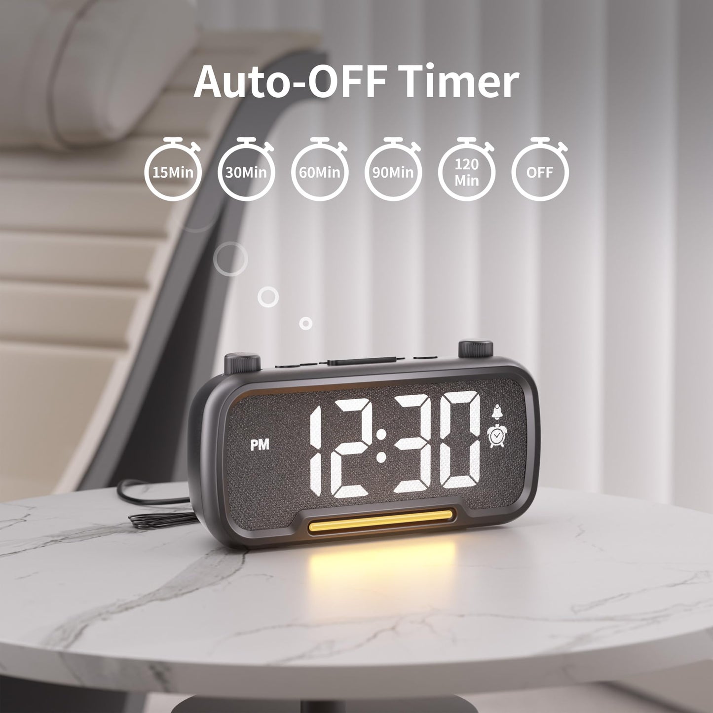 Digital Alarm Clock Radio for Bedrooms with Bluetooth Speaker, High Fidelity Sound, Bedside Clock with 2 Charging Ports, Adjustable Dimmer & Volume, Night Light, Auto-Off Timer, Ideal for Home Office