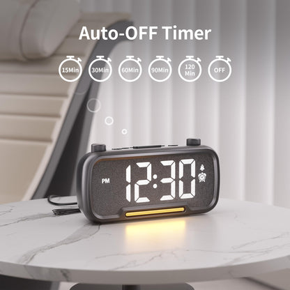 Digital Alarm Clock Radio for Bedrooms with Bluetooth Speaker, High Fidelity Sound, Bedside Clock with 2 Charging Ports, Adjustable Dimmer & Volume, Night Light, Auto-Off Timer, Ideal for Home Office