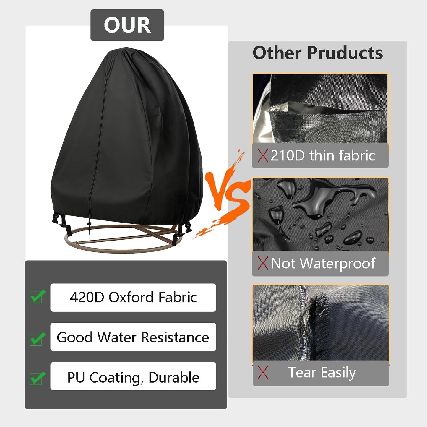【Upgraded】 Patio Hanging Chair Covers with Zipper, Durable Large Wicker Egg Swing Chair Covers, Waterproof Heavy Duty Weather Resisatnt Outdoor Chair Cover, Windproof