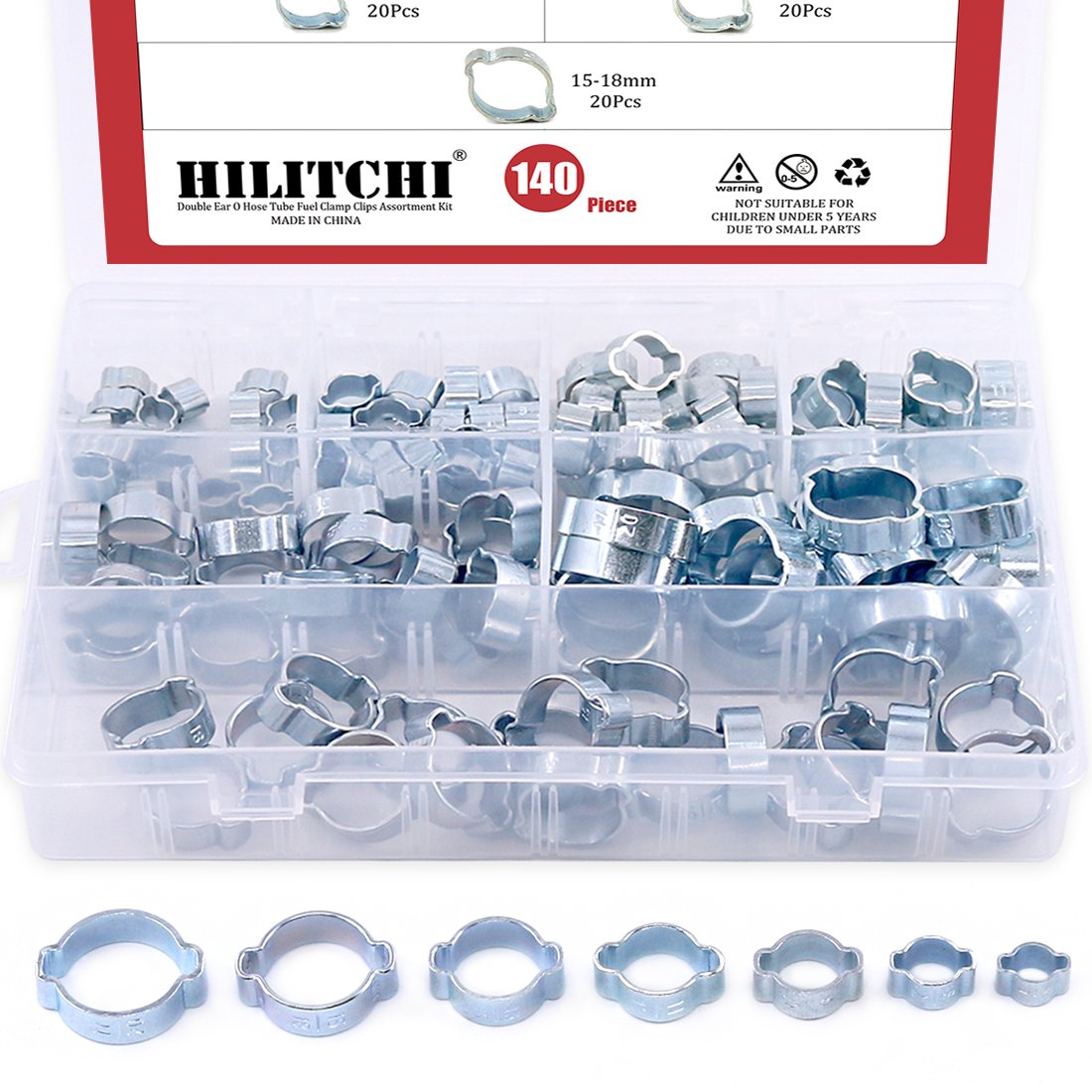 Hilitchi 7 Sizes 140Pcs Zinc Plated Double Ear Hose Clamps O Clips Pipe Hose Tube Fuel Clamps Fasteners Clips Assortment Kit