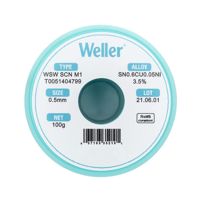 Weller WSW SCN M1 (T0051404799) Solder Wire, Dia: 0.5 mm / 0.020 in, Wt: 100 g / 3.527 oz, Alloy Sn99.3Cu0.6Ni0.05, Flux Content 3.5%