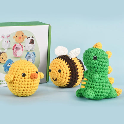 Crochet Kit for Beginners, Crochet Starter Kits for Adults Amigurumi Craft Knitting Crochet Kits with Step-by-Step Video Tutorials, Beginner Friendly Yarn-Dinosaur-Chick-Bee