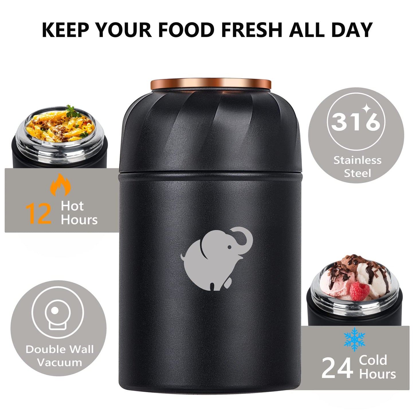 Thermo Food Container - Insulated Food Container With Foldable Fork& Spoon, Leak Proof Food Thermo, Portable Wide Mouth Soup Container With Handle For Outdoors Indoors Office Picnic (Black, 17OZ)