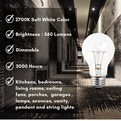 Xtricity A19 Clear Incandescent Rough Service Light Bulb, 60 Watt, 2700K Soft White, E26 Medium Base, 560 Lumens, 130V,12 Count (Pack of 1)