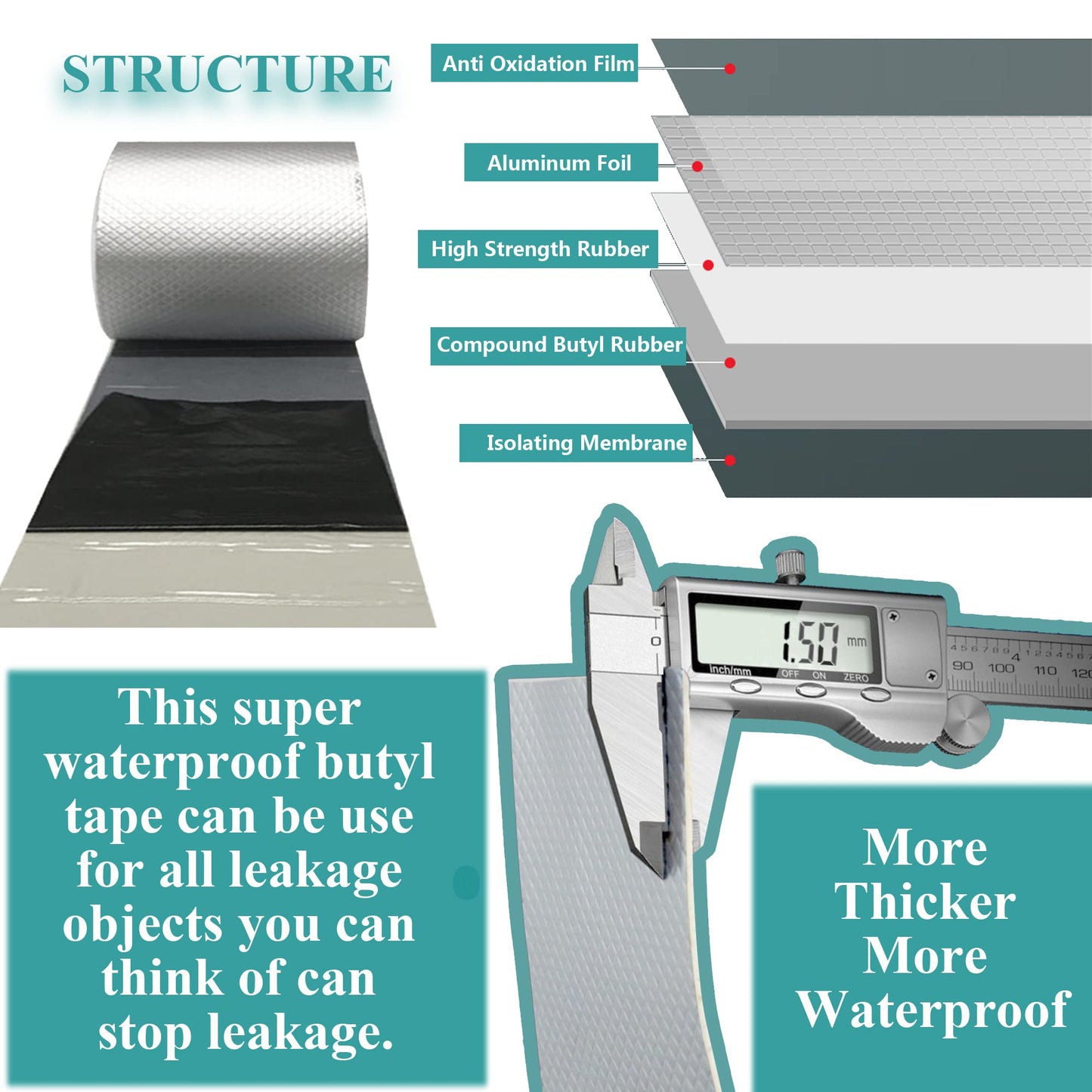 All-Purpose Super Waterproof Seal Repair Tape and Patch, Adhesive Butyl Tape with Aluminium Foil Perfect Sealing, 4 in by 16-1/2 FT