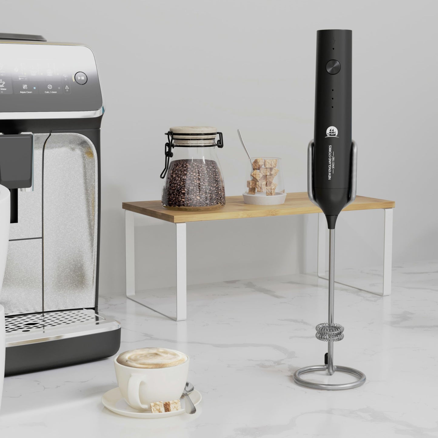 Rechargeable Milk Frother Wand with Stand, Foam Maker with Stainless Whisk, 3-Speeds Electric Handheld Drink Mixer for Coffee, Cappuccino, Latte, Matcha, Hot Chocolate (Black)