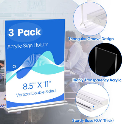 ZongXing acrylic sign holder 8.5 x 11 Paper Stand 3 Pack Clear Double Side T Shape Acrylic Table Signs for Displaying, Flyer Holder Paper Card Holder for Office Business Store Mall Restaurants