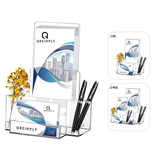 QREIHLPY Acrylic Brochure Holder 2pcs, 4.7 Inch with Dual Pen Holders & Business Card Slot, Clear Display Stand for Countertop, Suitable for Pamphle, Magazines, Menus, Trifold Booklets
