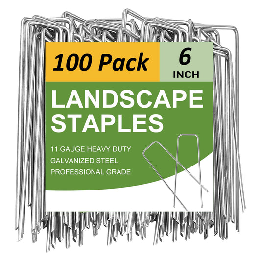 100 Pack Landscape Staples 6 Inch Anti-Rust Galvanized Garden Stakes 11-Gauge U-Shaped Heavy-Duty Landscape Pins for SOD Anchoring Weed Barrier Fabric Ground Cover Irrigation Tubing & Artificial Turf