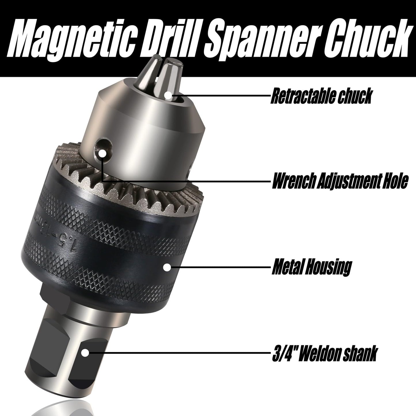 Vearter 1/16''-1/2'' Magnetic Drill Chuck Adapter, 3/4'' Weldon Shank with Chuck Key, 1/2''-20 UNF Thread Drill Bit Adapter, Mag Drill Chuck for Magnetic Drill