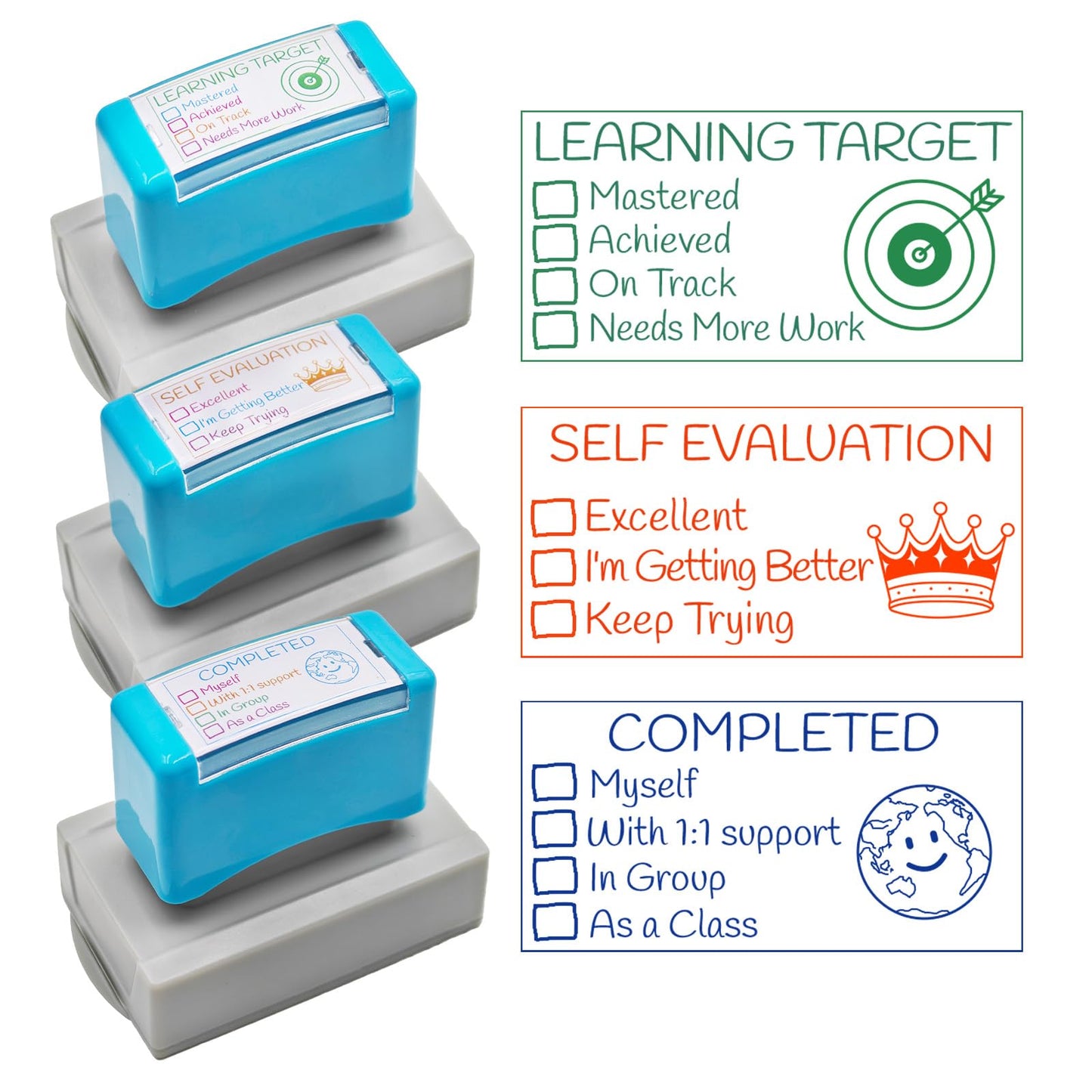 3 Teacher Stamps Self Inking, Pre-Inked Teacher Stamp for Grading, Educator Completed with Support Teacher Stamps Set, for Teacher Gifts Supplies School Essentials Office Stationery Must Haves Stamps