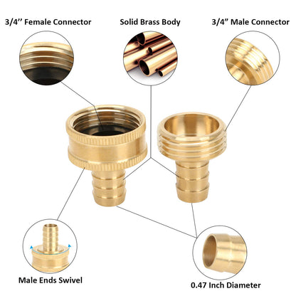 STYDDI Solid Brass 1/2-Inch Hose Repair Kit, Heavy Duty 1/2" Water Hose Ends Female and Male Replacement Connector with Clamps, Fit All 1/2-Inch Garden Hose, 4 Set