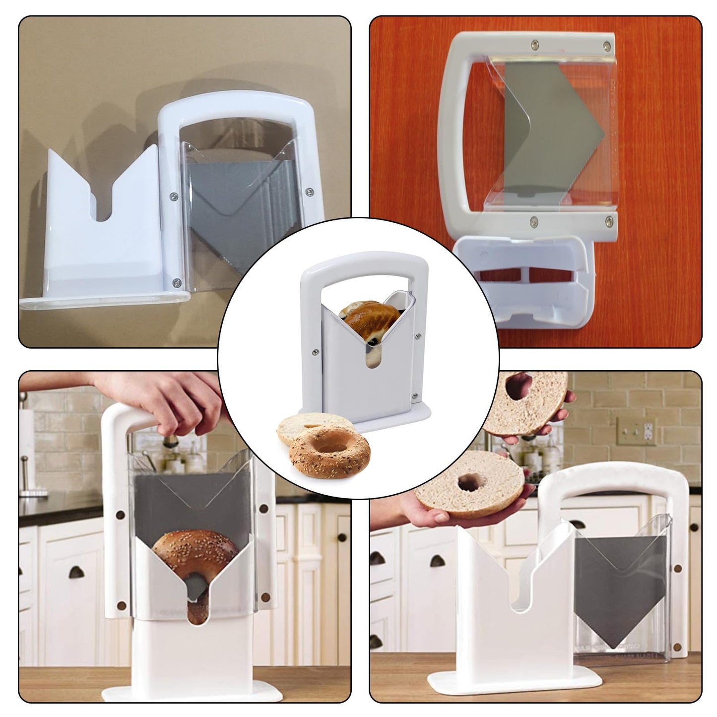 Bagel Slicer, Perfect for Bagels, Safe Grip, Safety Shield, Bagel Cutter Stainless Steel, Universal Slicer (White)