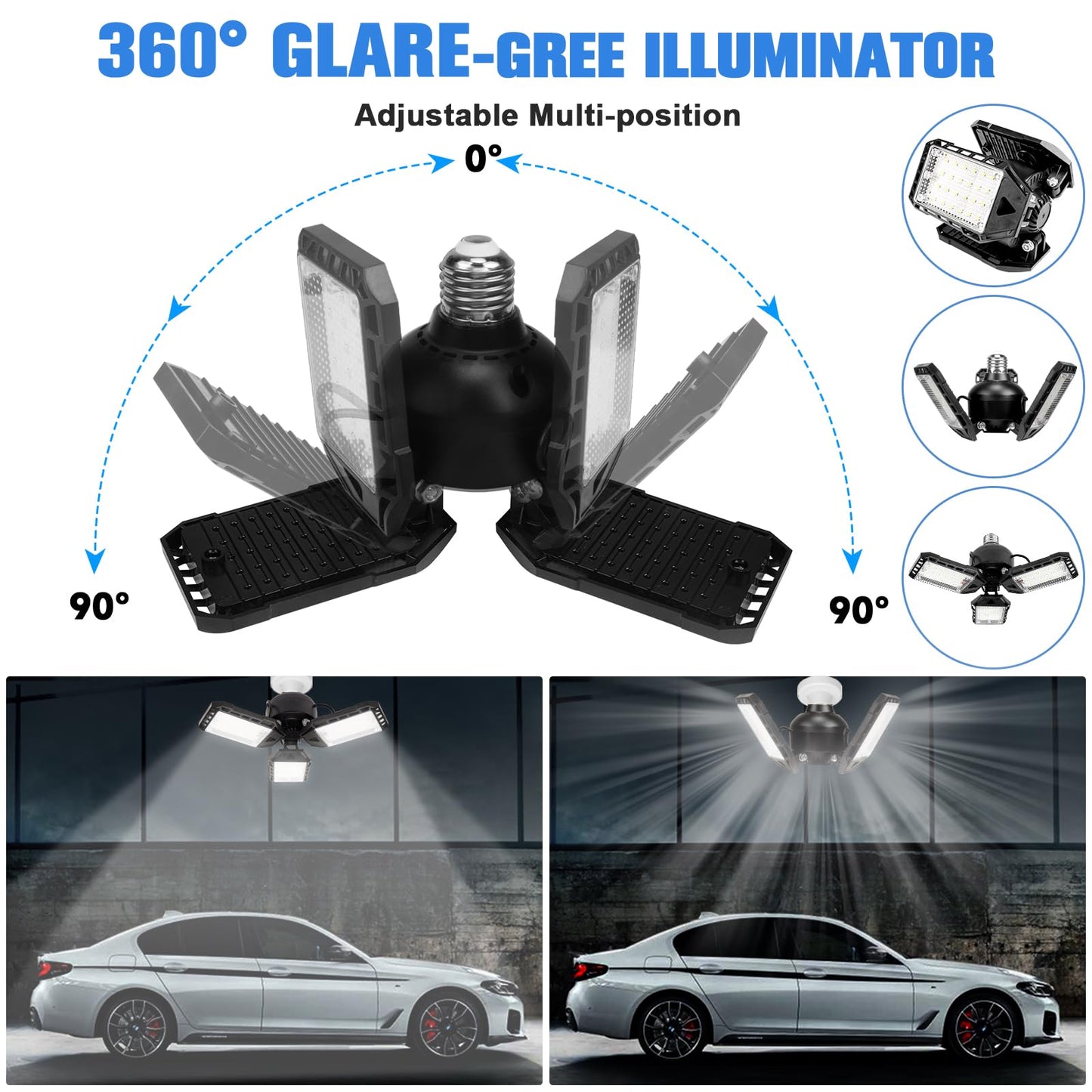 Aoretic LED Garage Lights Bulb-2 Pack Led Shop Light with 3 Deformable Panels, Basement Barn Light Garage Ceiling Lights, E26/E27 for Garage, Warehouse, Shop, Basement