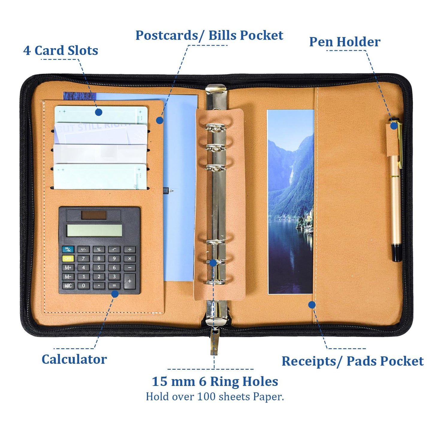 SAYEEC Journal Binder Leather Portfolio Notebook Executive Conference Folder Travel Business Portfolio with Calculator Zipped Notebook Organizer Loose Leaf Refillable Lined Paper Gift for Man Women (Blue With Calculator)