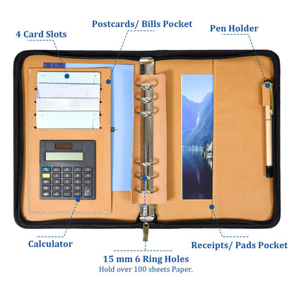 SAYEEC Journal Binder Leather Portfolio Notebook Executive Conference Folder Travel Business Portfolio with Calculator Zipped Notebook Organizer Loose Leaf Refillable Lined Paper Gift for Man Women (Blue With Calculator)
