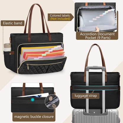 Teacher Bag 15.6 Inch Work Bag Women Laptop Tote Bag with Accordion File Organizer Pocket & Insulated Pocket Computer Tote Bag for Nursing, Office, College, Travel