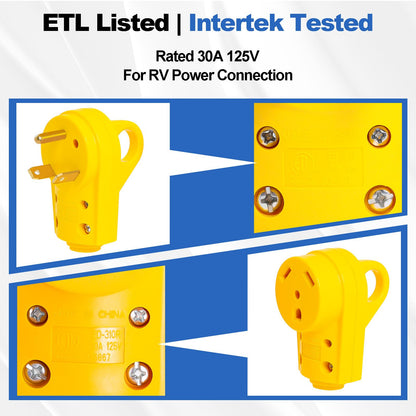 30 Amp RV Plug Male and Female Plug Receptacle Set with Handle RV Receptacle Plug Set Electrical Plug Adapter 55245 US Plug 125V Yellow