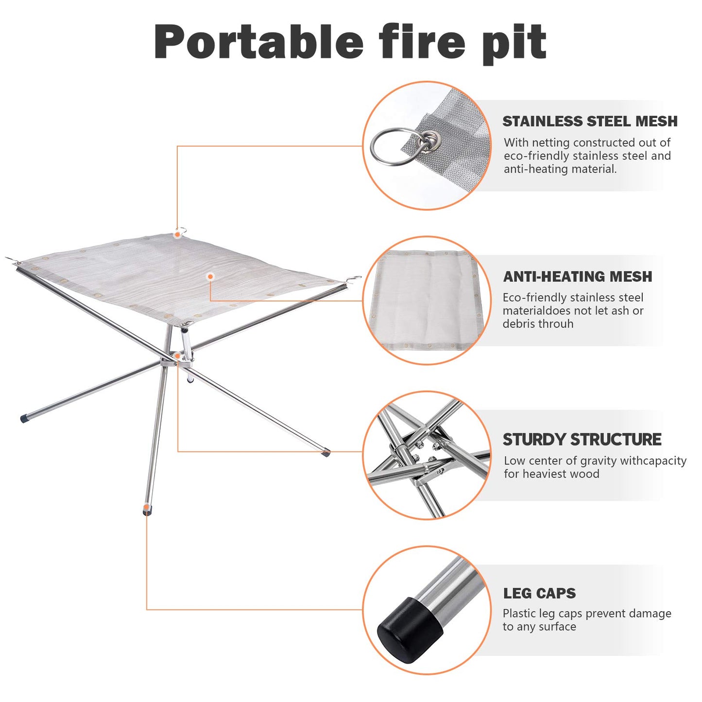 Portable Outdoor Fire Pit 22 Inch Upgrade Foldable Stainless Steel Mesh Fire Pit Wood Burning, Collapsible Fireplace Space Saving Perfect for Camping, Backyard, Patio, Garden (Carrying Bag Included)