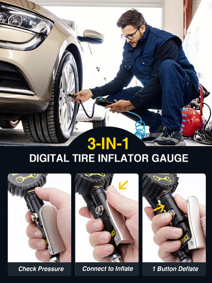 AZUNO Digital Tire Inflator with Pressure Gauge, 200 PSI, Heavy Duty Air Compressor Accessories, w/Rubber Hose Lock on Air Chuck and Quick Connect Coupler (Standard)