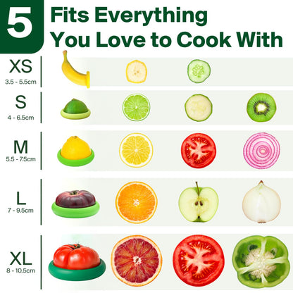 Food Huggers 5pc Reusable Silicone Food Savers | BPA Free & Dishwasher Safe | Fruit & Vegetable Produce Storage for Onion, Tomato, Lemon, Banana, Cans & More | 5 Pack Round, Fresh Greens