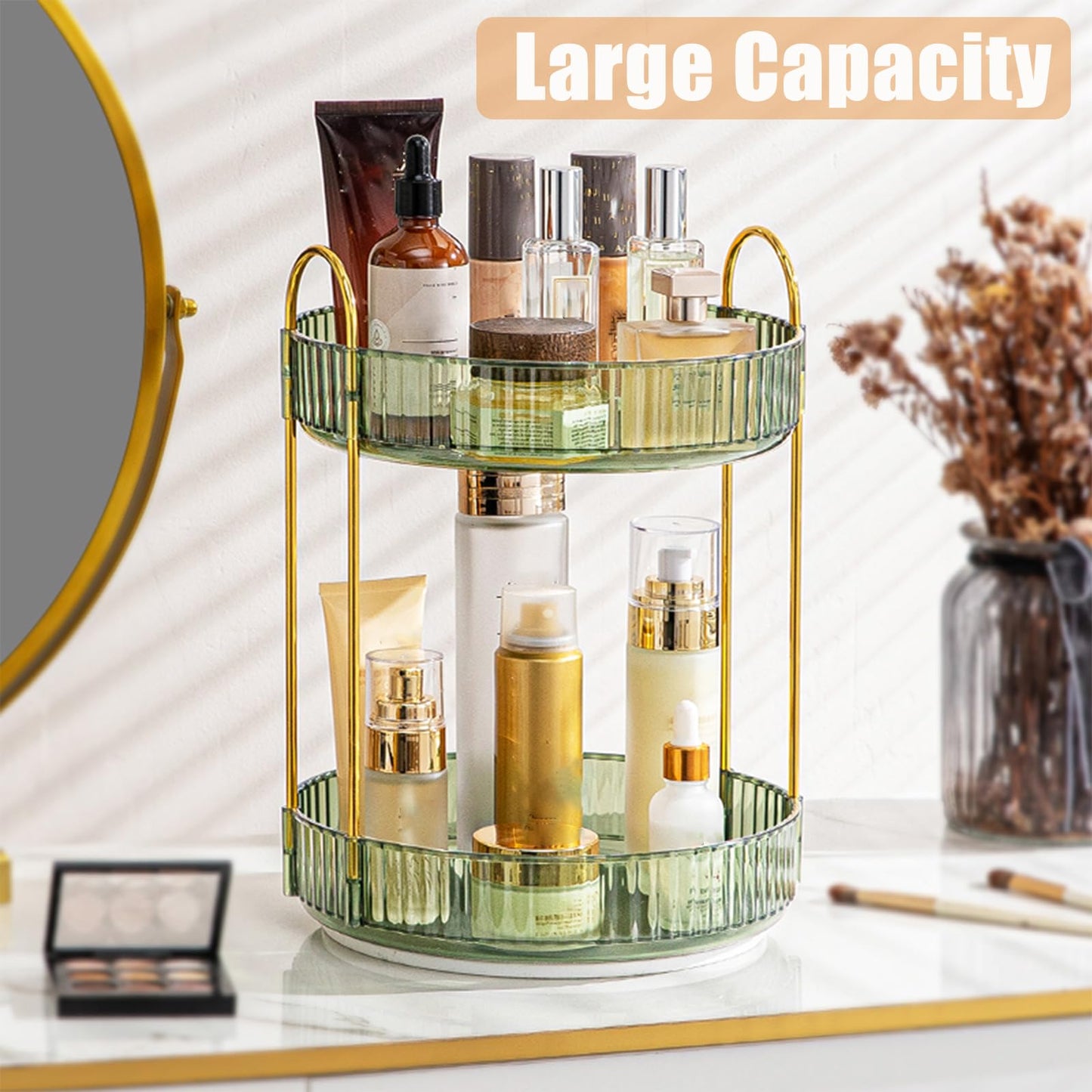 Rotating Makeup Organizer, 2 Tier Large Capacity Perfume Organizer, Cosmetic Organizer for Vanity Bathroom Bedroom, Green
