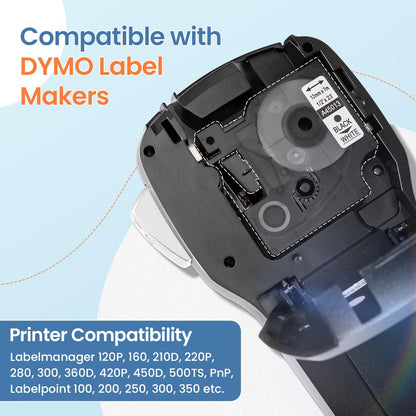 Replace for DYMO Label Maker Refills 45013 Compatible with DYMO D1 Label Tape 1/2'' x 23' (12mm x 7m) 45013s S0720530 for Dymo Labelmanager 160 280 210D 360D 420P, Black on White, 5-Pack