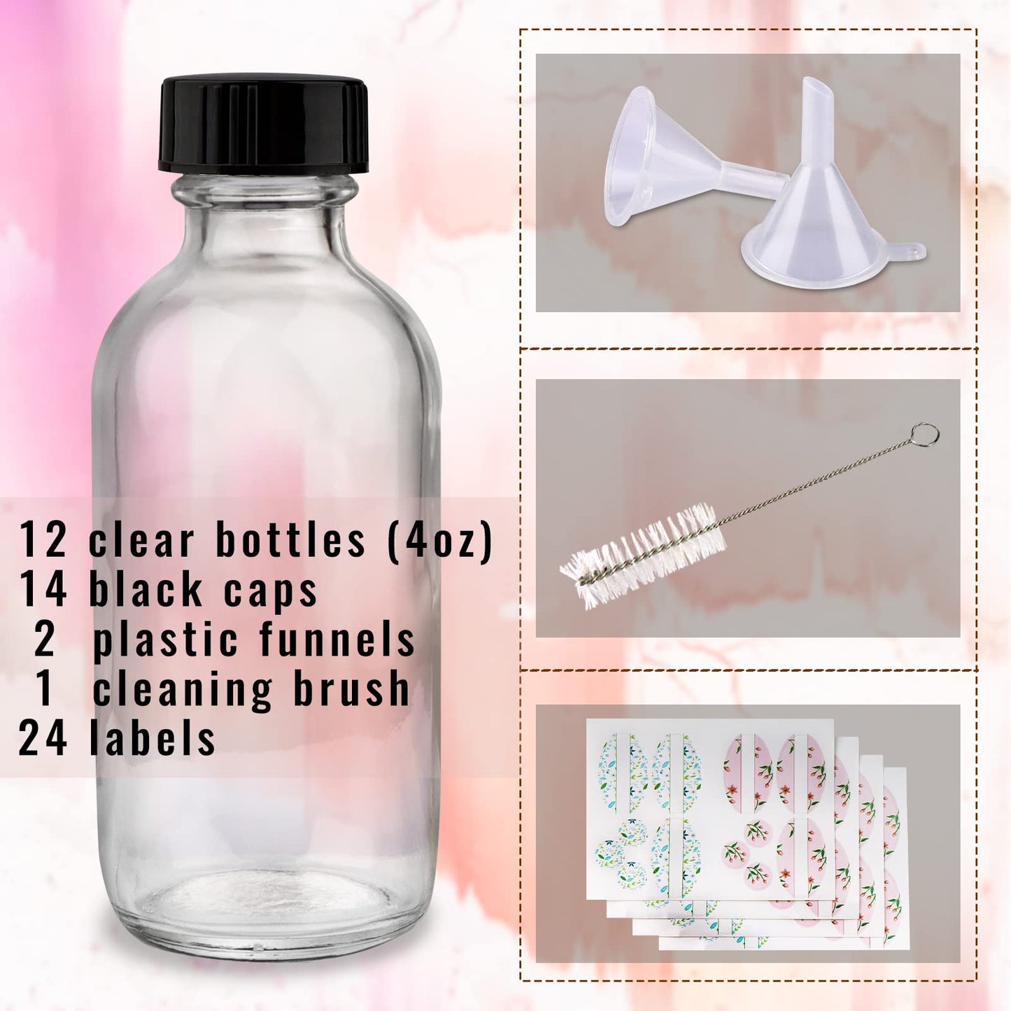 PINIWON 12 Pack 4 oz Clear Glass Bottles, 120ml Boston Round Sample Bottles with Black Poly Cone Caps, Labels, Funnels and Brush