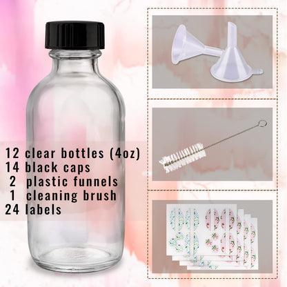 PINIWON 12 Pack 4 oz Clear Glass Bottles, 120ml Boston Round Sample Bottles with Black Poly Cone Caps, Labels, Funnels and Brush