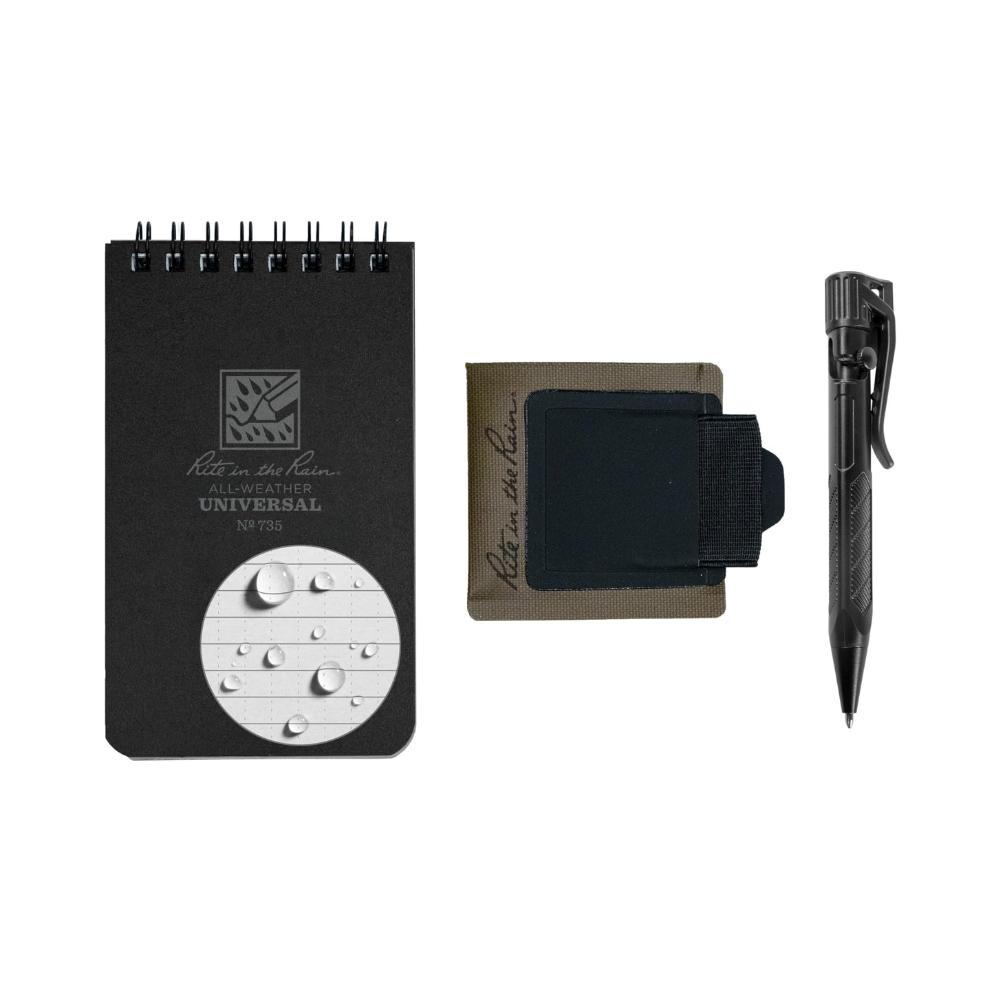 Rite in the Rain All-Weather Monsoon Adhesive Pen and Card Holder Kit, Black 3” x 5” Top-Spiral Notebook, and All-Weather Black Bolt-Action Pen (No. PH2-KIT)