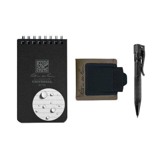 Rite in the Rain All-Weather Monsoon Adhesive Pen and Card Holder Kit, Black 3” x 5” Top-Spiral Notebook, and All-Weather Black Bolt-Action Pen (No. PH2-KIT)