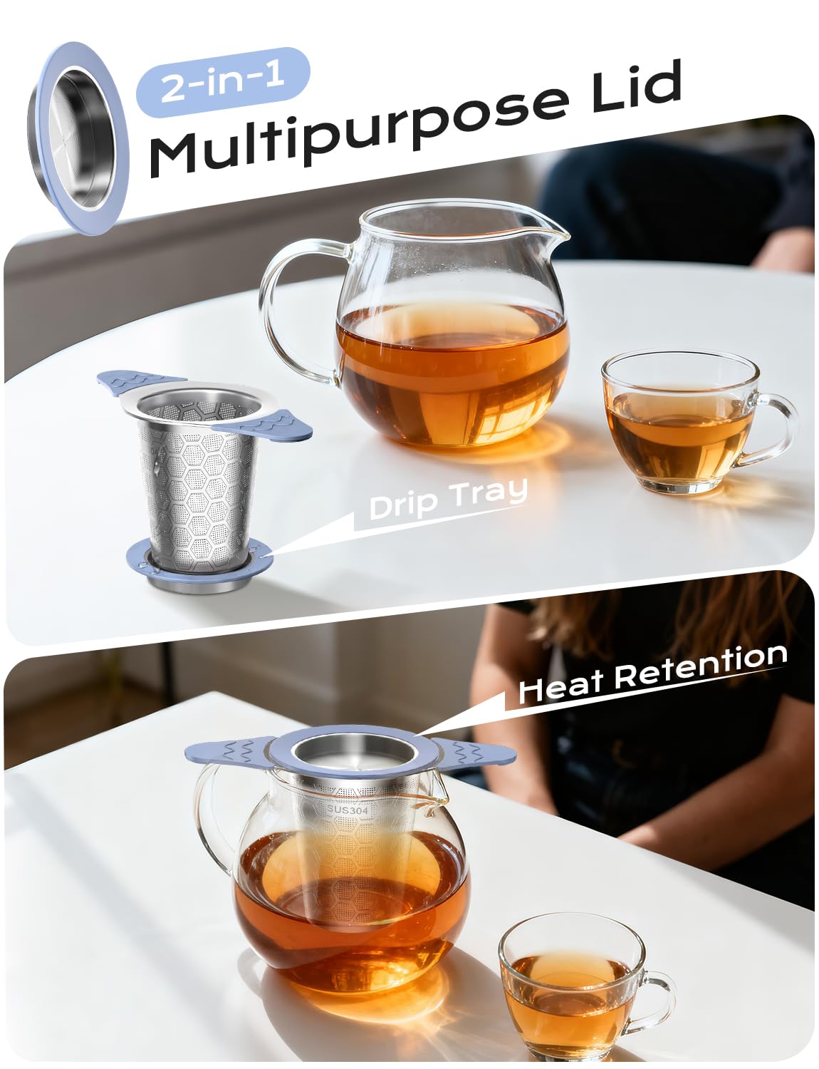 CTIANWXY 2Pcs Large Tea Infuser for Loose Leaf Tea,18/8 Stainless Steel Tea Infuser with Heat Proof Silicone Handles,Extra Fine Mesh Tea Strainers Filter Fine Tea Leaves Effectively,Fits TeaPots/Mugs
